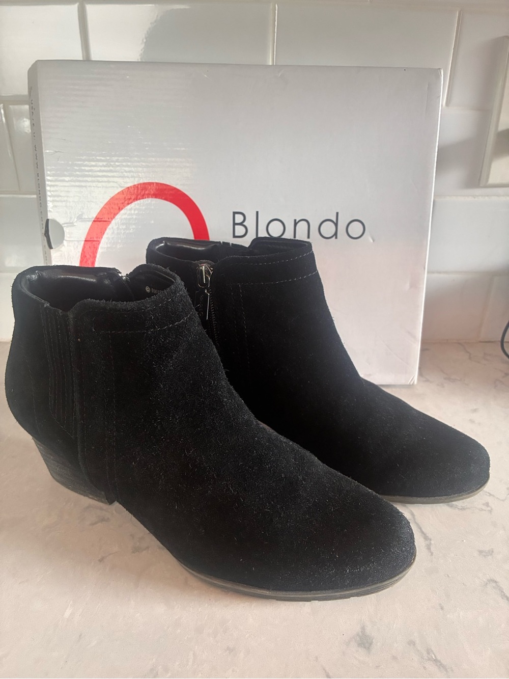 Blondo Black Suede Ankle Booties with Low Heel